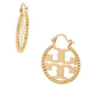 TORY BURCH • Gold Rope Hoop Logo Earrings